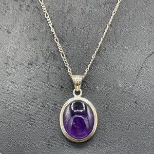 Natural Amethyst Sterling Silver Pendant Necklace 18” Figaro Chain